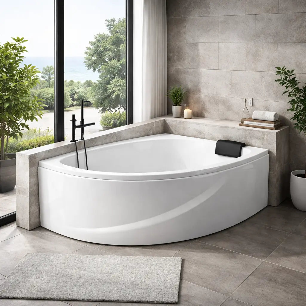 Baignoire d’angle design moderne et élégante, idéale pour optimiser l’espace de la salle de bain tout en offrant confort et style contemporain.