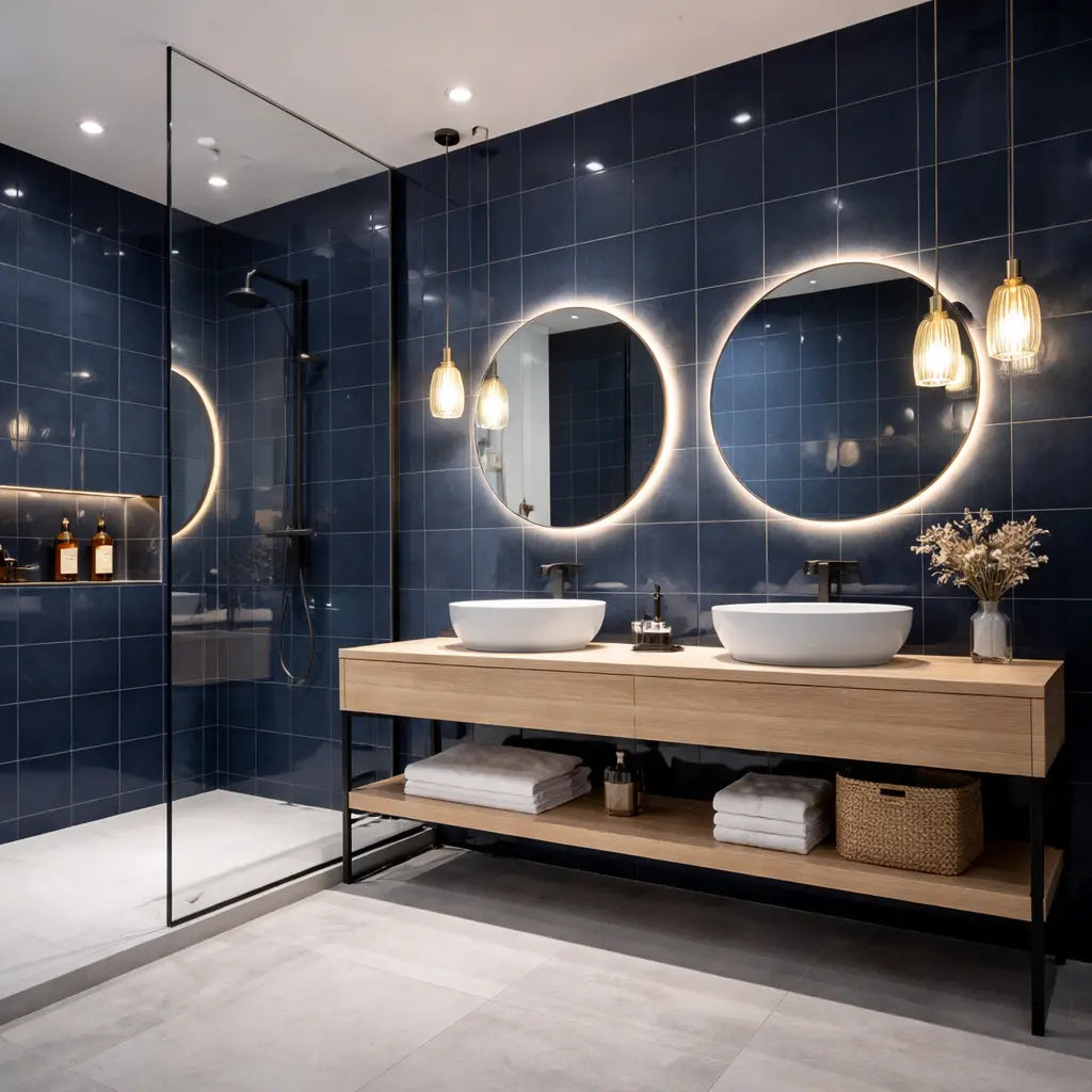 Idées de décoration de salle de bain avec carrelage bleu nuit élégant, moderne et raffiné pour un intérieur chic et apaisant.
