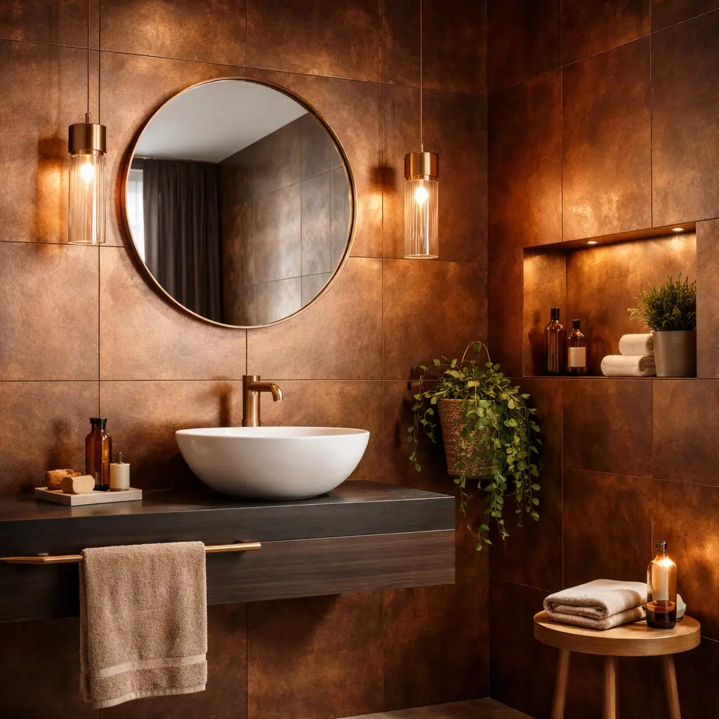 Carrelage de salle de bain couleur cuivre avec finition élégante et moderne, idéal pour une décoration chaleureuse et raffinée.