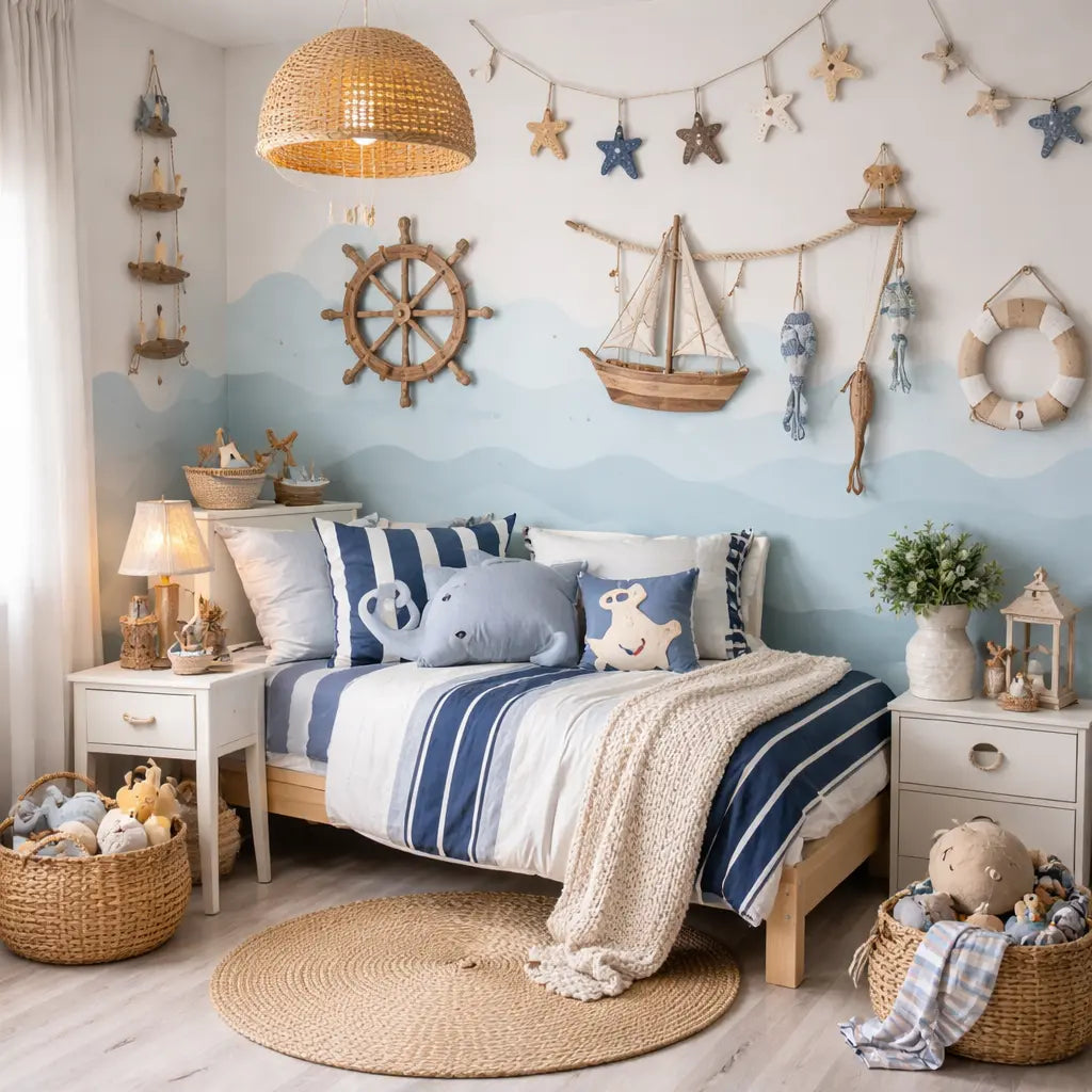 Idées et inspirations pour décorer une chambre au style marin avec couleurs bleu, blanc, bois naturel et ambiance bord de mer apaisante.