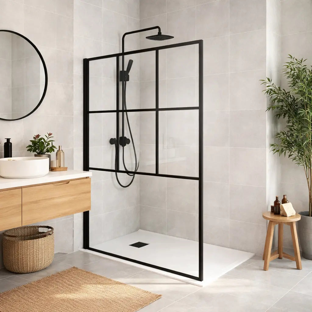 Installation d’une demi-paroi de douche moderne en verre pour salle de bain, apportant protection contre les éclaboussures et un design élégant.