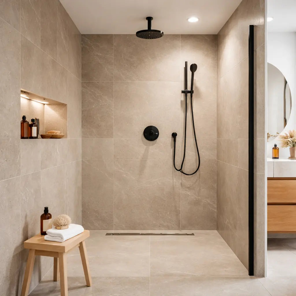 Matériaux pour douche à l’italienne modernes, résistants à l’eau et antidérapants pour une salle de bain élégante, durable et facile à entretenir.