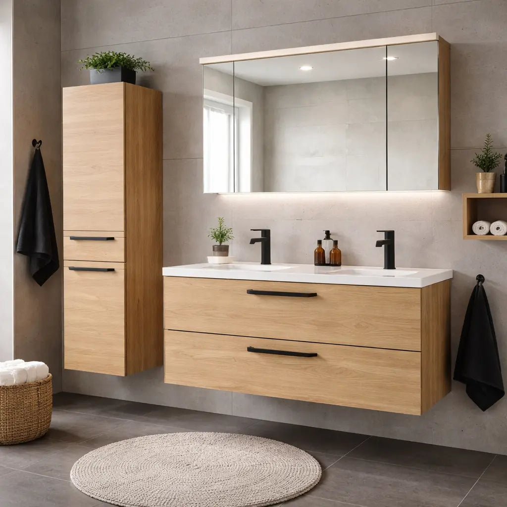 Meuble de salle de bain design allemand moderne, élégant et fonctionnel, idéal pour une salle de bain contemporaine et bien organisée.