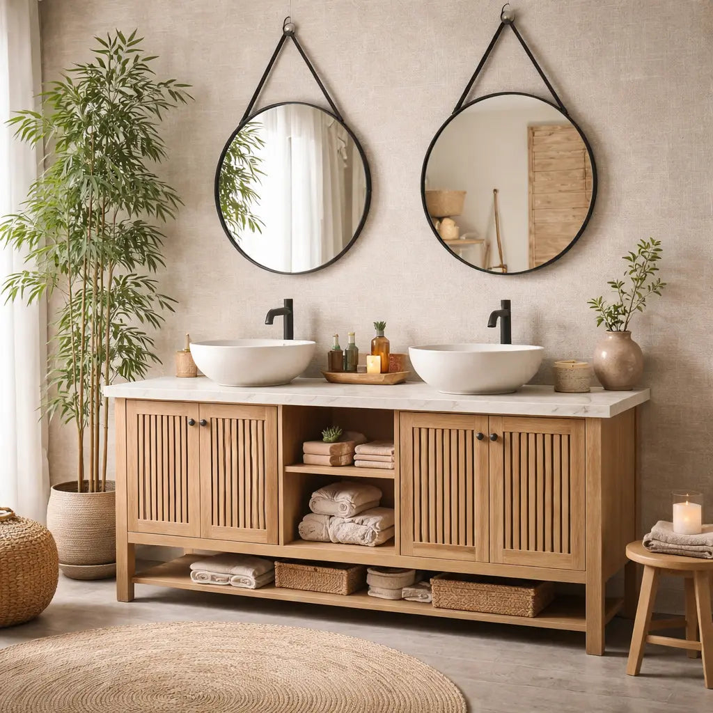 Meuble de rangement minimaliste pour salle de bain, design moderne et épuré, idéal pour optimiser l’espace et organiser les accessoires de toilette.