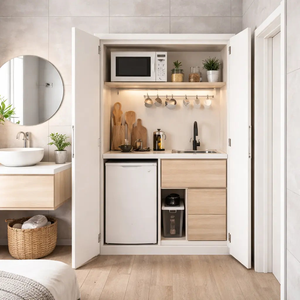 Aménagement d’une mini cuisine intégrée dans un placard, optimisant l’espace avec un design compact, fonctionnel et moderne pour petits espaces.