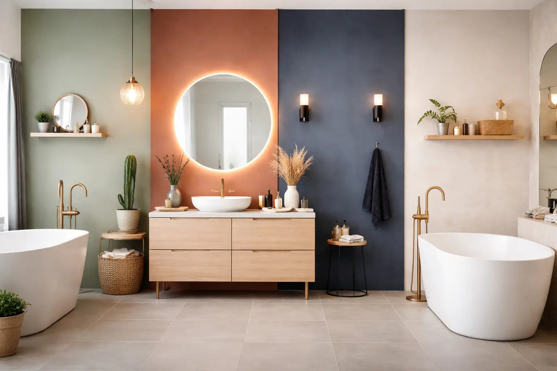 Palette de couleurs de peinture pour salle d’eau moderne, incluant des tons doux, neutres et élégants pour une décoration harmonieuse et apaisante.