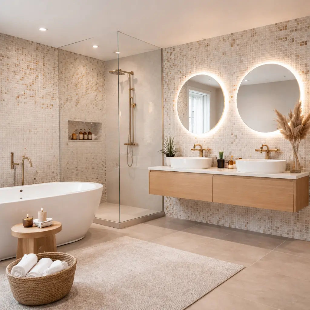 Salle de bain moderne avec mosaïque design élégante et raffinée, apportant style, confort et une touche décorative contemporaine à l’espace.