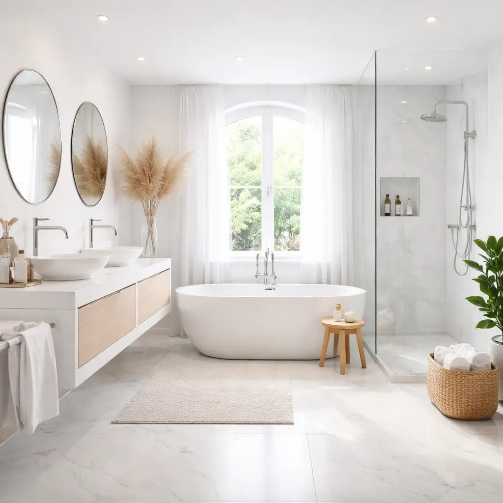 Revêtement mural en travertin blanc naturel pour salle de bain, apportant élégance, texture minérale et style moderne à votre intérieur.