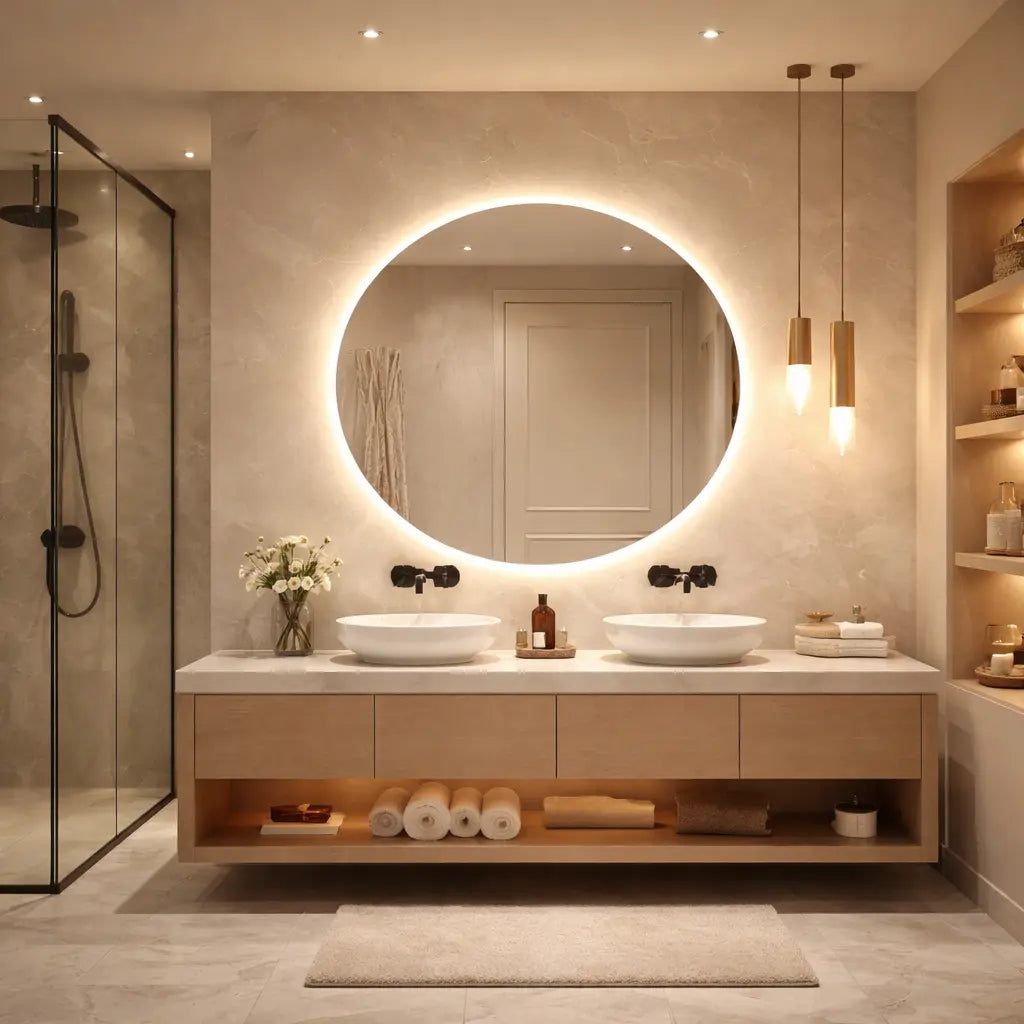 Éclairage de salle de bain fonctionnel et moderne assurant une bonne visibilité, une ambiance lumineuse agréable et une utilisation confortable de l’espace.