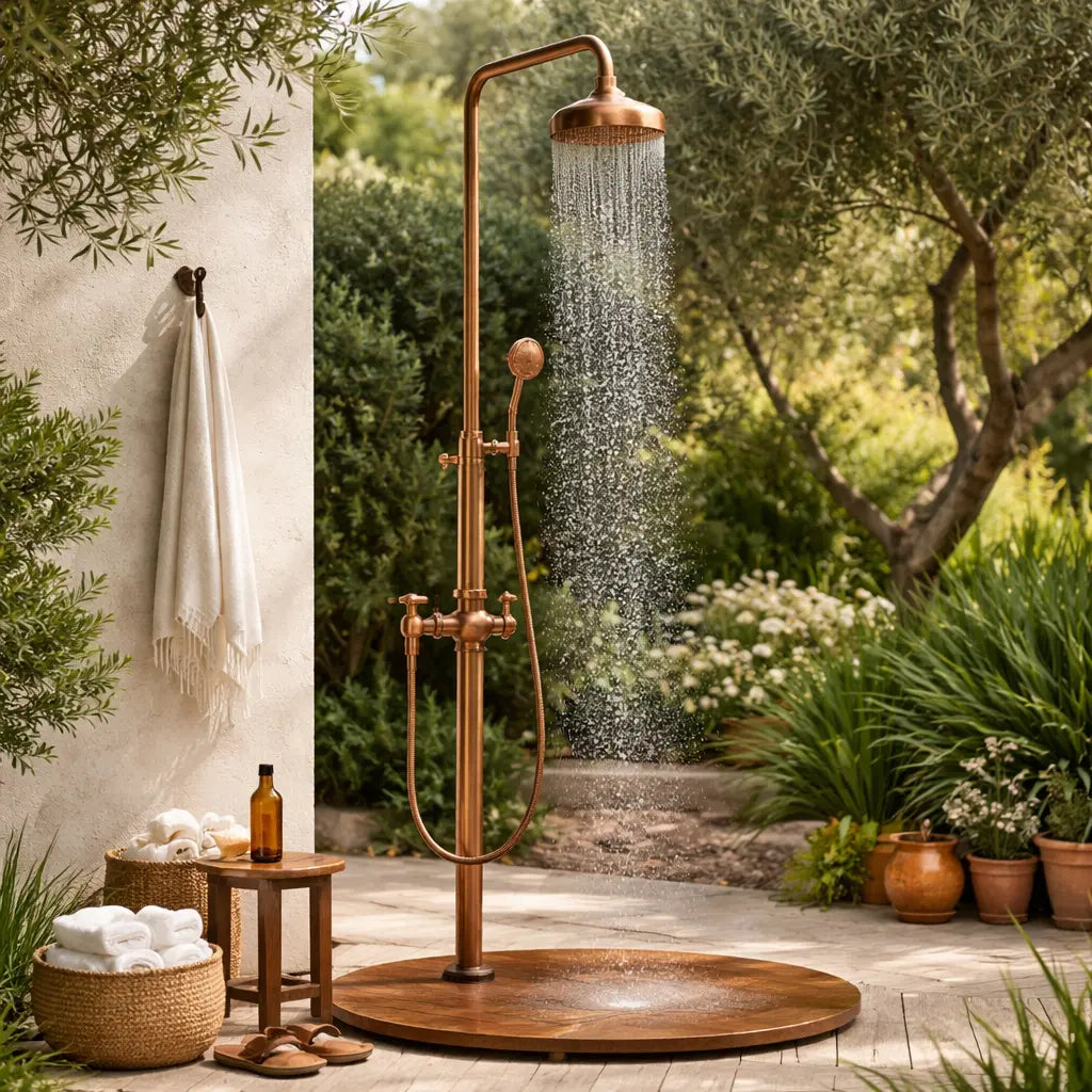 Entretien d’une douche en cuivre extérieur pour préserver son éclat, éviter l’oxydation et maintenir une finition propre et durable.