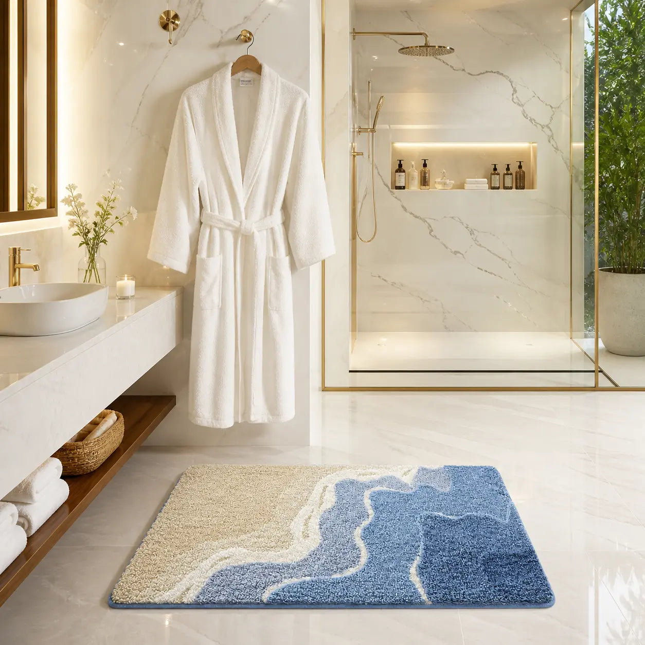 Tapis de bain XXL large et confortable pour salle de bain, offrant une grande surface absorbante, antidérapante et adaptée aux grands espaces.