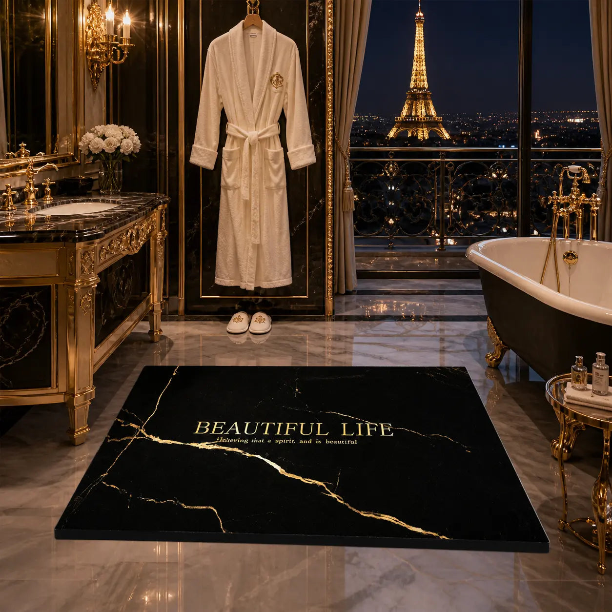 Tapis de bain haut de gamme élégant, doux et antidérapant, conçu pour offrir confort, sécurité et design premium dans une salle de bain moderne.