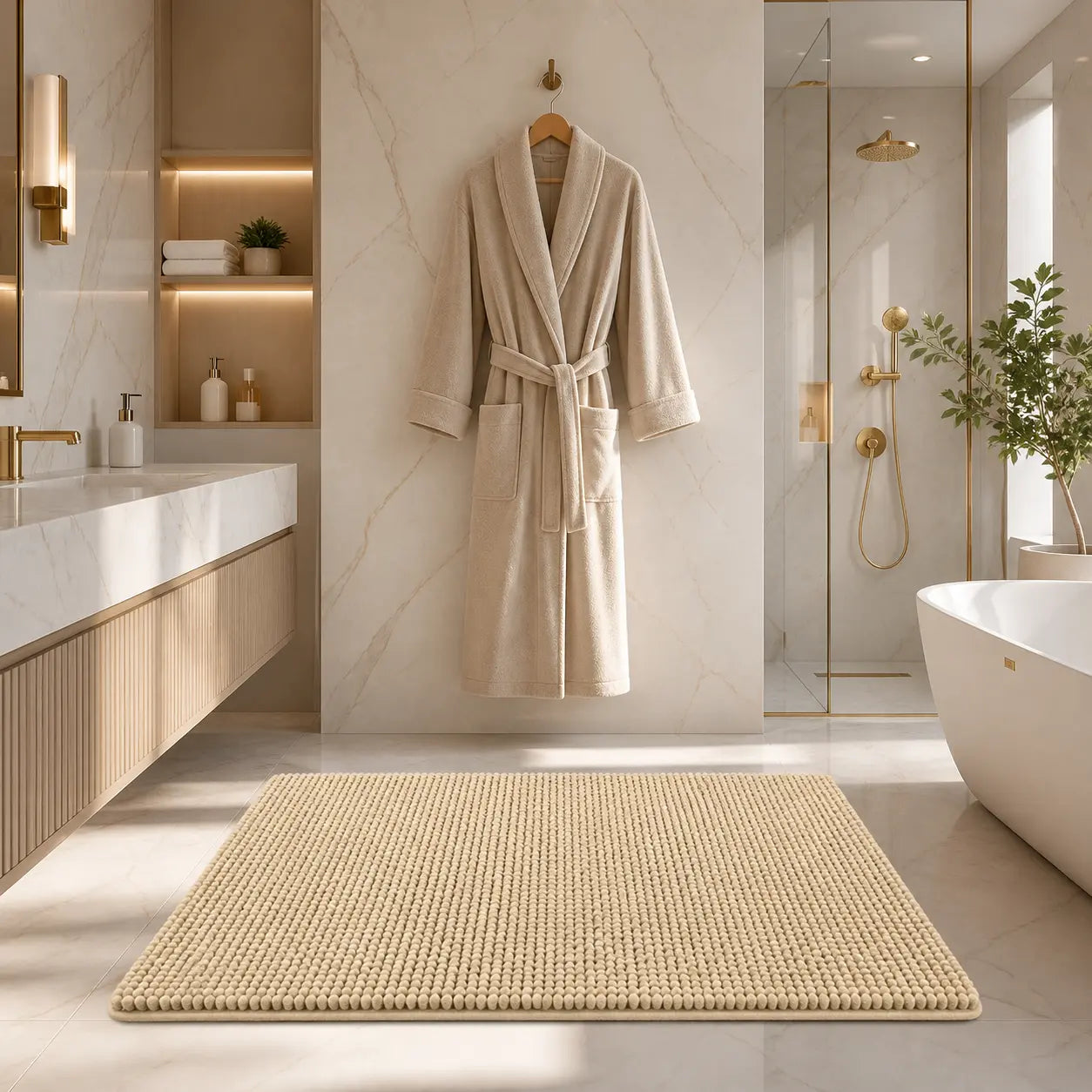 Tapis de bain en chenille doux et absorbant, confortable sous les pieds, idéal pour une salle de bain moderne, sèche rapidement et antidérapant.