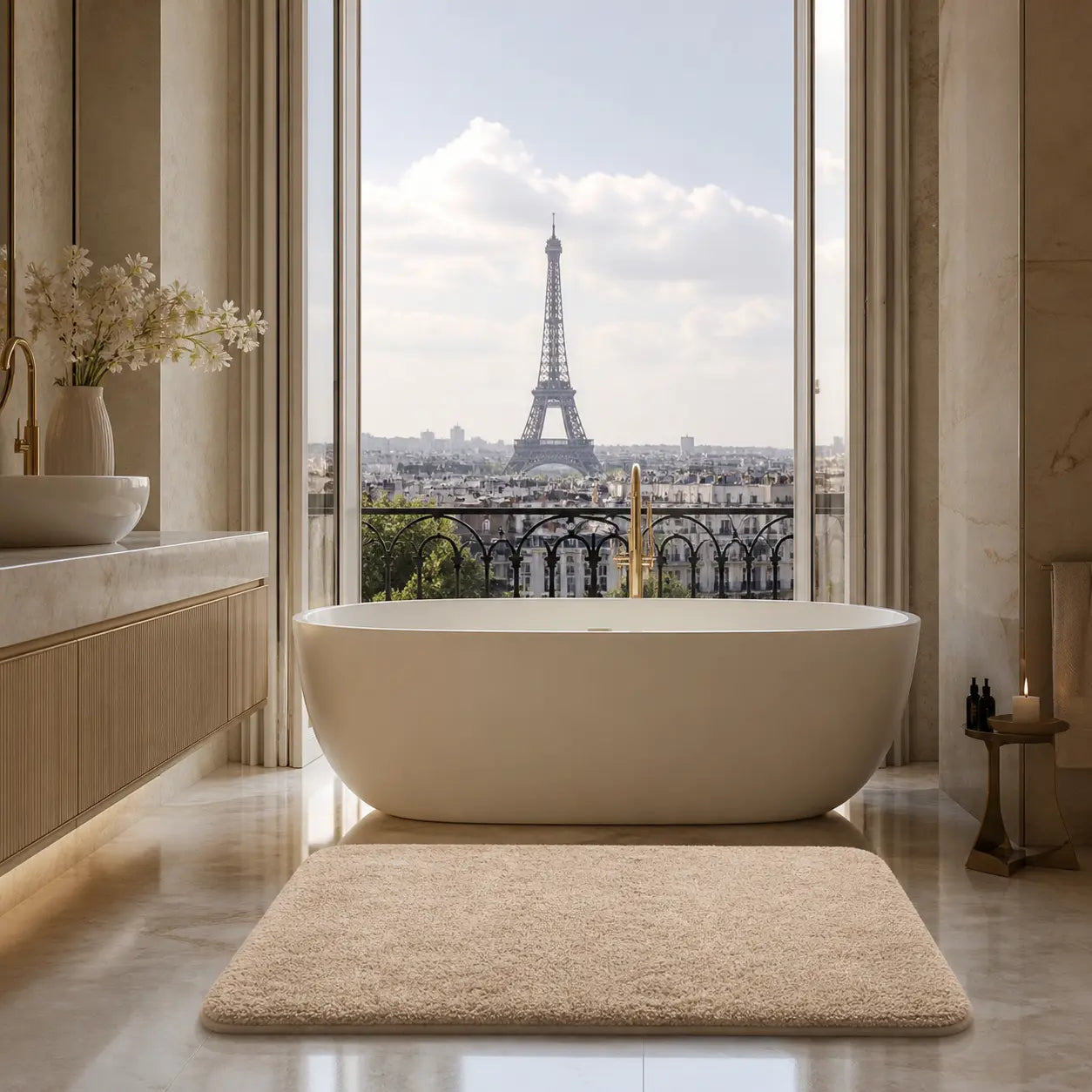 Tapis de bain beige élégant et absorbant pour salle de bain moderne.