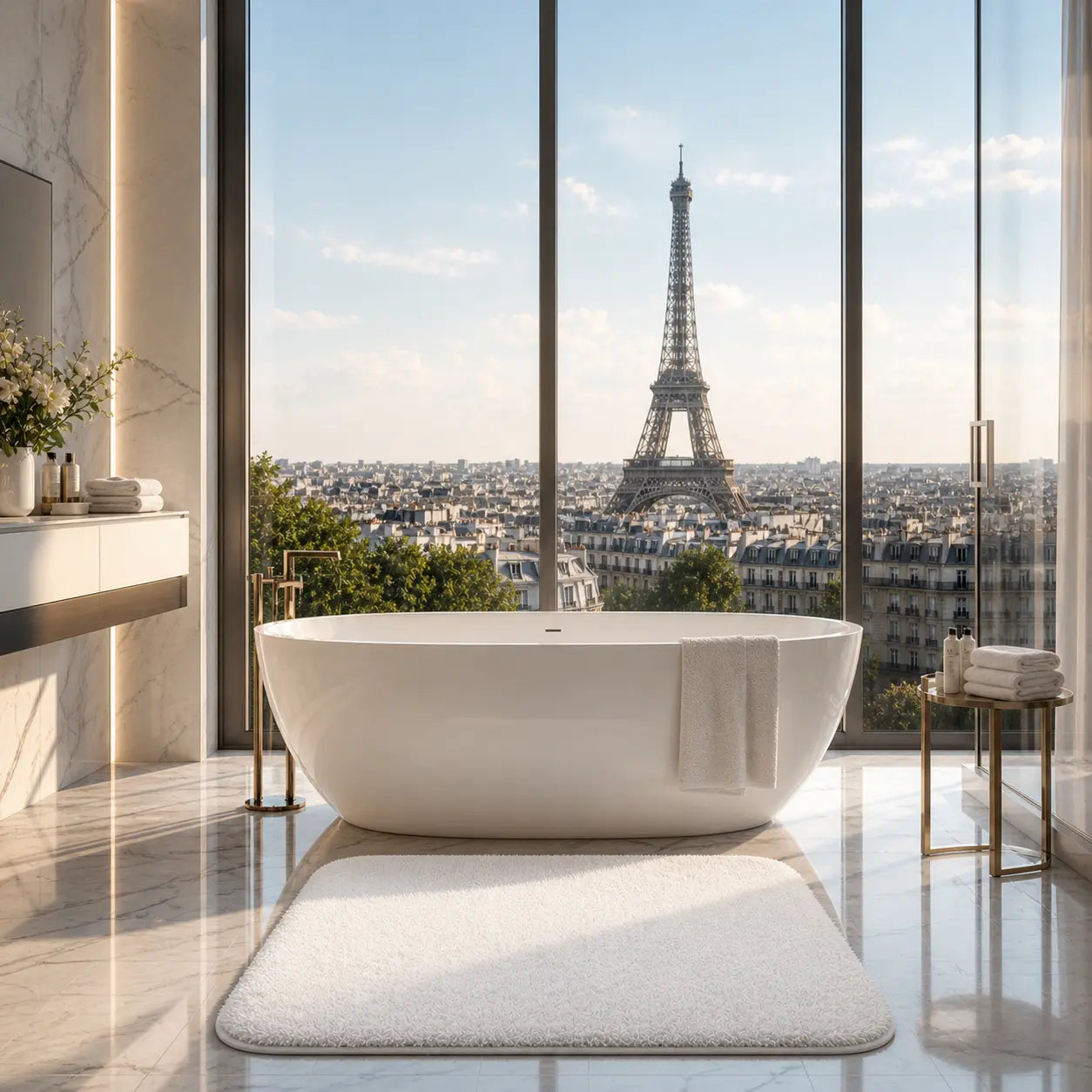 Tapis de bain blanc doux, absorbant et antidérapant pour salle de bain moderne et élégante.