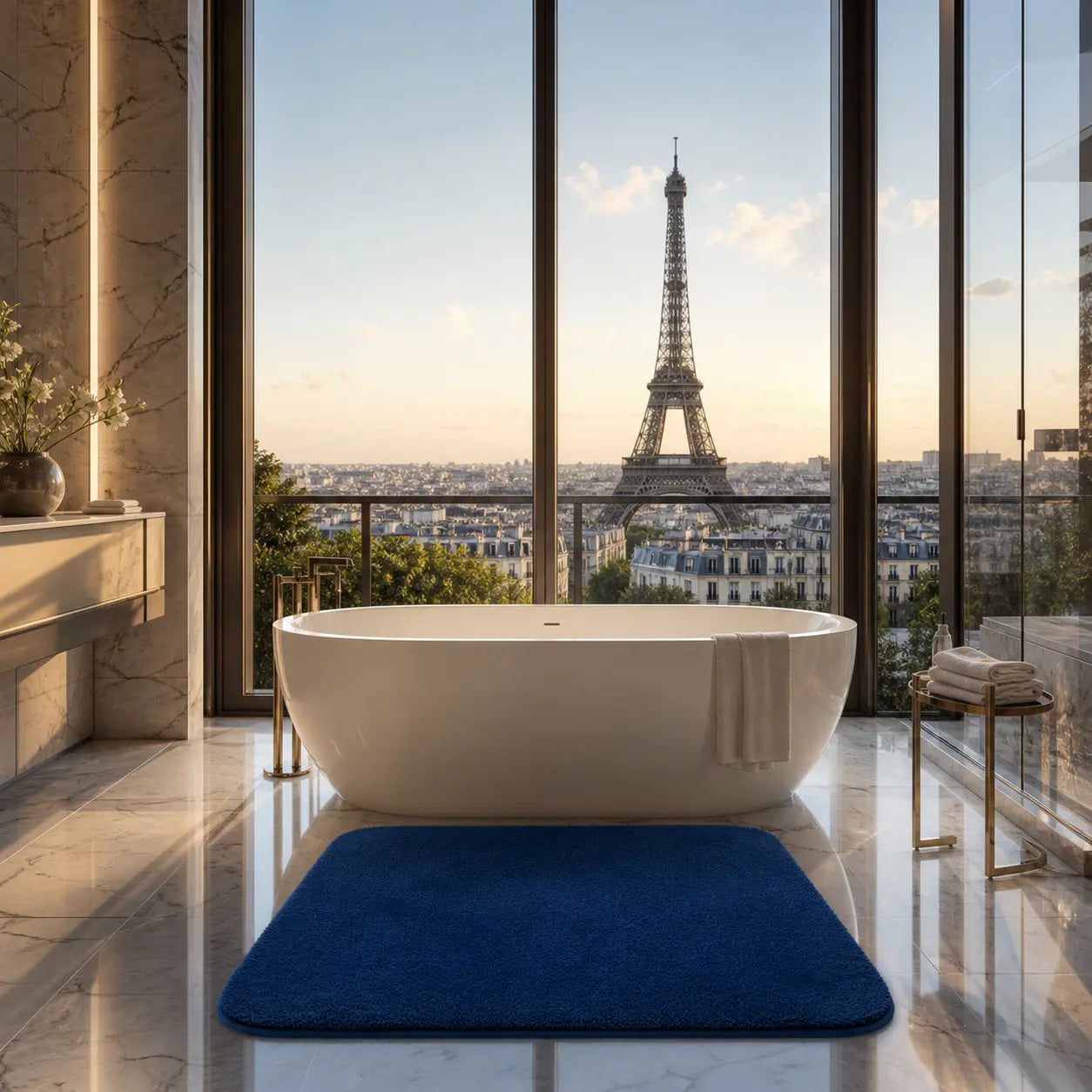 Tapis de bain bleu doux, absorbant et antidérapant pour salle de bain moderne, apportant confort et élégance au quotidien.