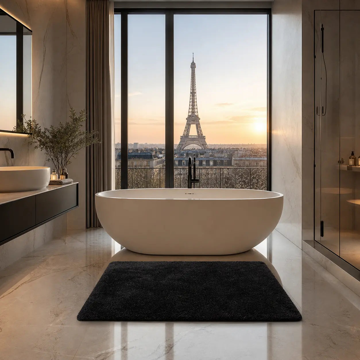 Tapis de bain noir élégant et antidérapant pour salle de bain moderne.
