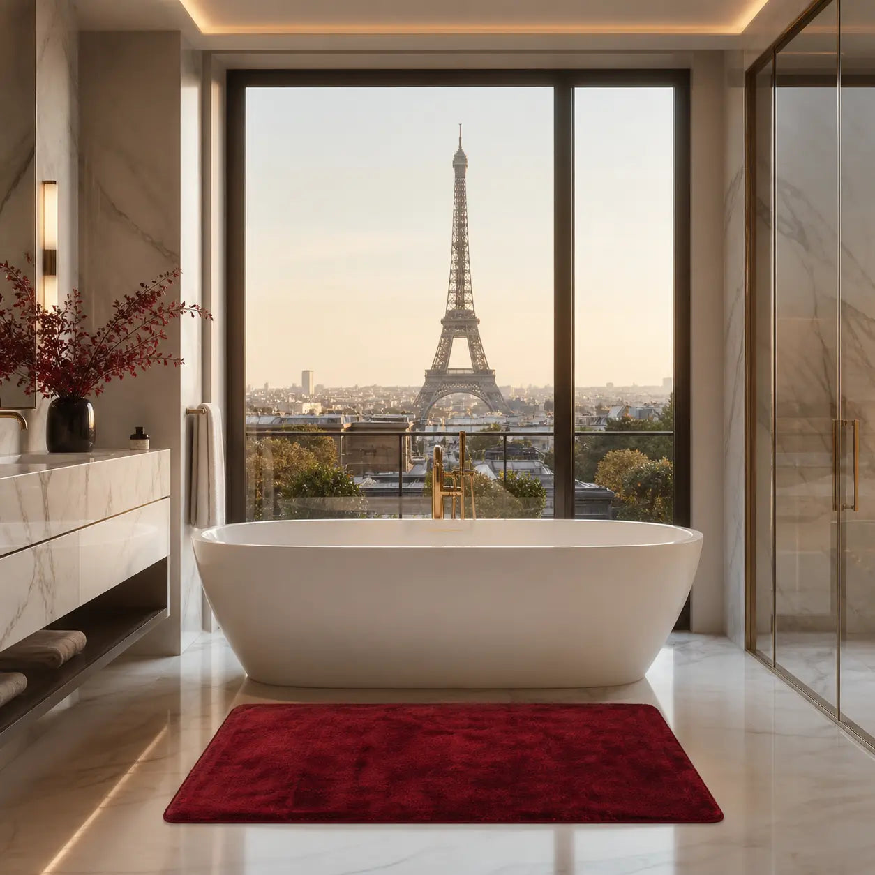 Tapis de bain rouge antidérapant et absorbant pour salle de bain moderne.
