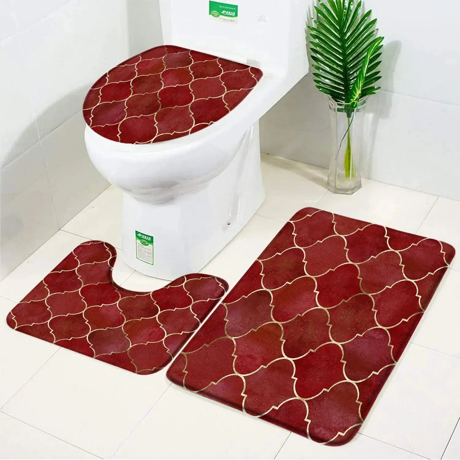 Ensemble tapis salle de bain rouge doré
