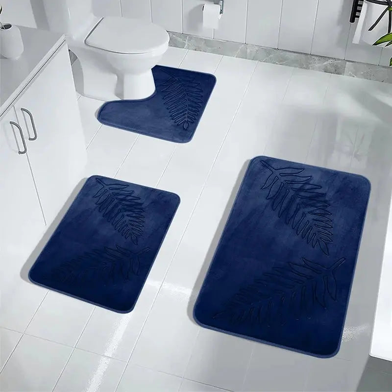 Tapis de salle de bain en mousse à mémoire de forme, 3 pièces bleu