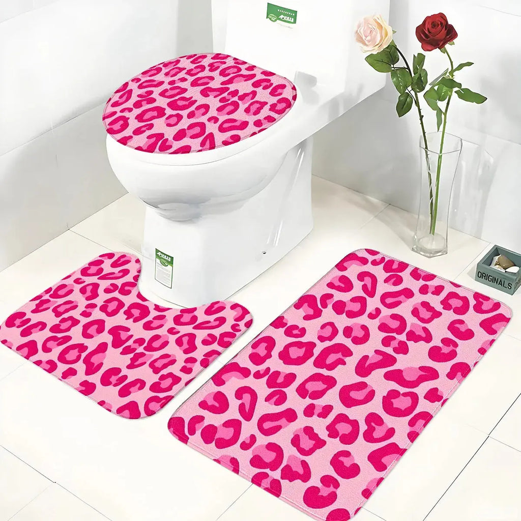 Tapis salle de bain trois pièces léopard rose 1